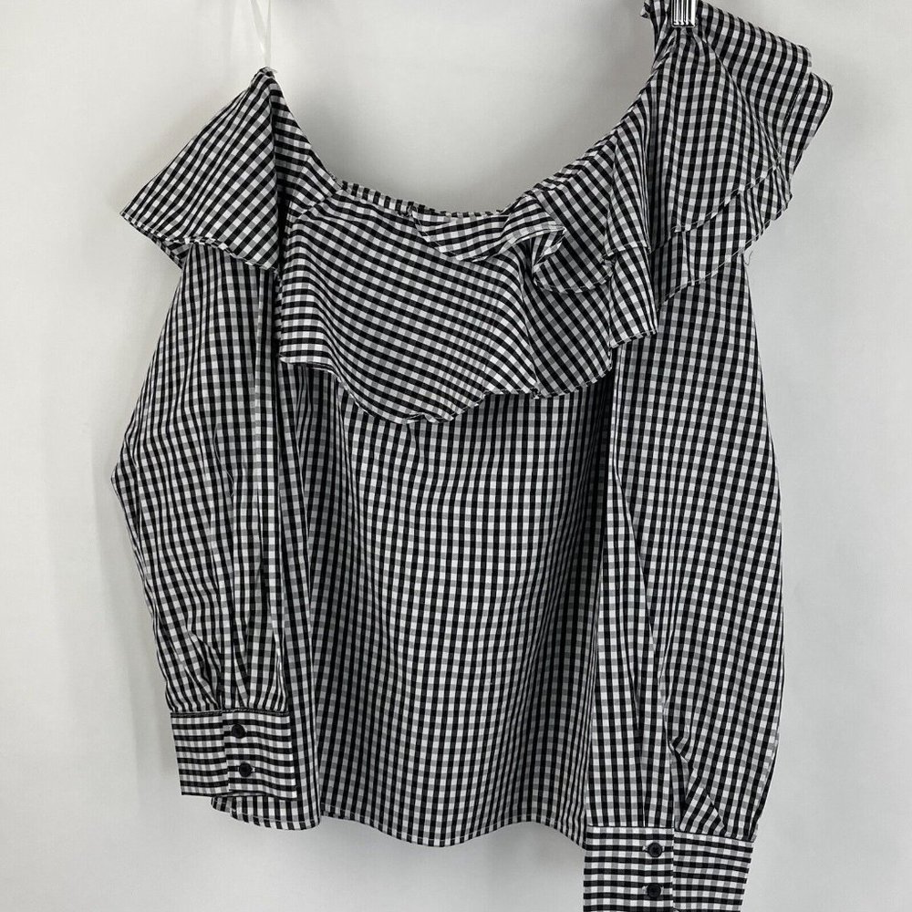 Como Vintage Womens Large L Blouse Black White Check Plaid‎ One Shoulder Ruffle